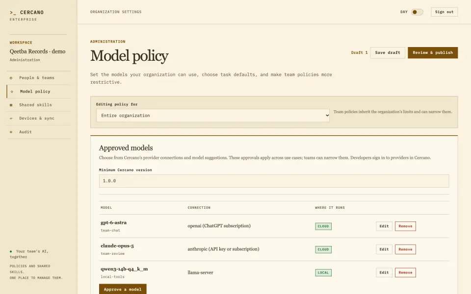 Cercano administration console showing the model policy editor, with approved provider connections, use-case destinations, quality levels, and a review-and-publish step.