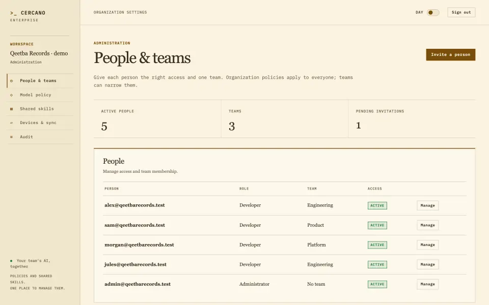 Cercano administration console showing the People and teams page, with a member list, roles, team assignments, and an invitation form.